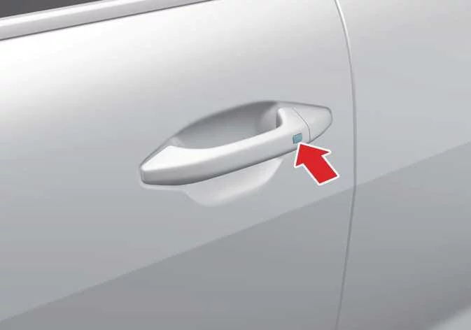 Kia K4 front exterior outside door handle layout featuring a physical mechanical request button used for proximity locking and unlocking operations