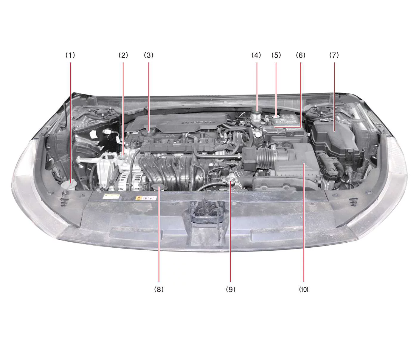 Detailed layout diagram of the Kia K4 engine compartment featuring the Smartstream G2.0 gasoline engine with highlighted maintenance points