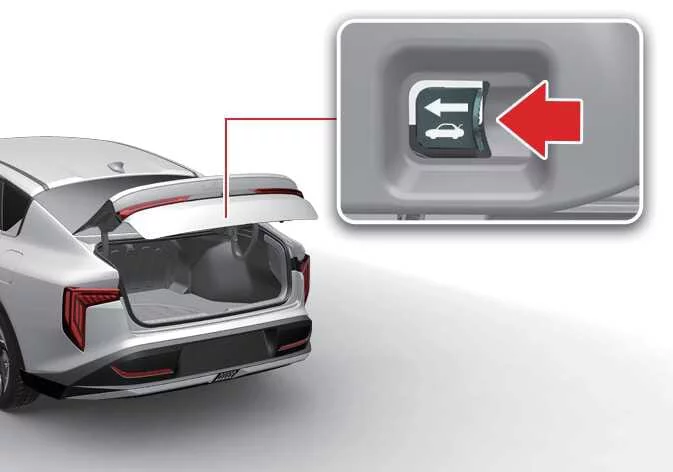 Interior look at the structural lock housing of a Kia K4 trunk showing the glow in the dark mechanical override safety release handle